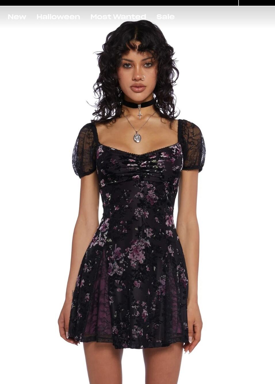 Current Mood Defiant Love Mini A-Line Dress M Black/Purple Floral Velvet Mesh